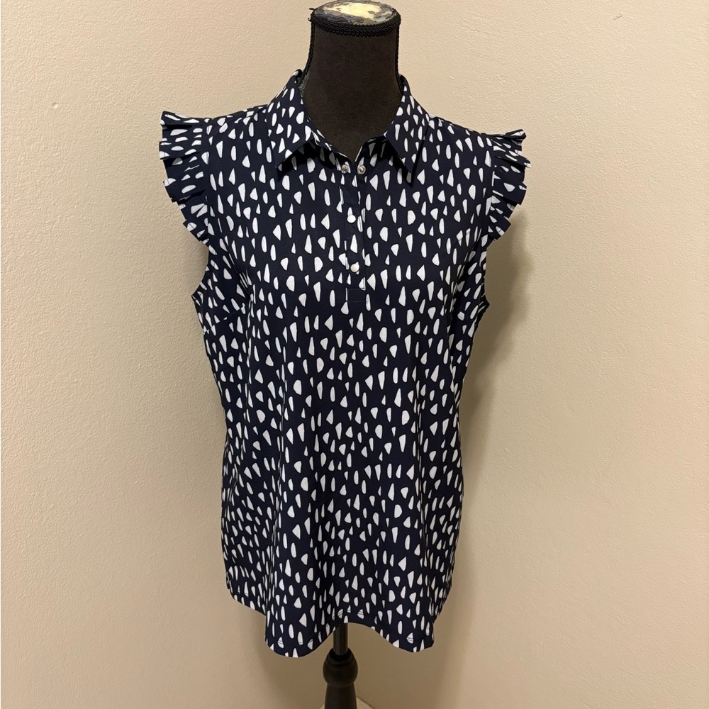 Chico's Navy and White Patterned Ruffle Blouse Size 10